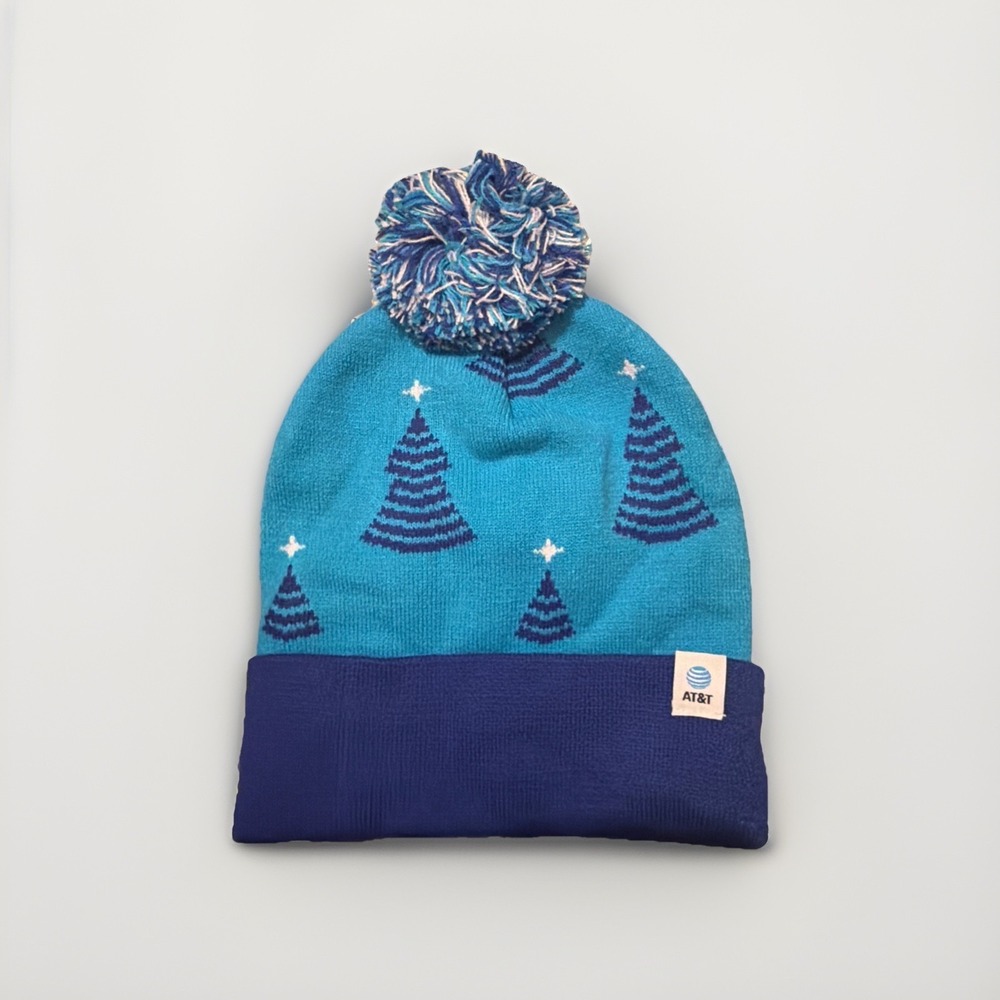 New AT&T Employee Blue Tree Knit Hat Beanie Logo Brand Store Cap Puff Christmas